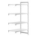 A white Cambro Camshelving® add-on unit with 3 vented and 1 solid shelf.