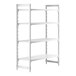 A white Cambro Camshelving® stationary starter unit with 3 vented shelves and 1 solid shelf.