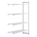 A white plastic Cambro Camshelving® Premium add-on unit with four white vented shelves.