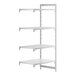 A white Cambro Camshelving® stationary add-on unit with 3 vented shelves and 1 solid shelf.