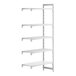 A white plastic Cambro Camshelving® add-on unit with 4 vented shelves and 1 solid shelf.