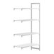 A white plastic shelving unit with 3 white vented shelves and 1 white solid shelf.