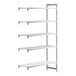 A white plastic Cambro Camshelving® Premium stationary add-on shelving unit with vented and solid shelves.