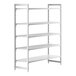 A white metal Cambro Camshelving unit with 4 white vented shelves and 1 white solid shelf.