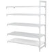 A white metal Camshelving® add-on unit with 4 vented shelves and 1 solid shelf.