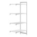 A white Cambro Camshelving® Premium stationary add-on unit with 3 vented shelves and 1 solid shelf.
