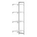 A white Cambro Camshelving® Premium stationary add-on shelf with three vented shelves and one solid shelf.
