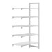 A white Cambro Camshelving® add-on unit with 4 shelves, 3 vented and 1 solid.