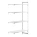 A white rectangular Cambro Camshelving Premium add-on unit with 3 vented shelves and 1 solid shelf.