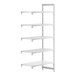 A white plastic shelf with four vented shelves and one solid shelf.