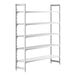 A white Cambro Camshelving Premium stationary unit with 4 vented shelves and 1 solid shelf.