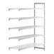 A white rectangular Cambro Camshelving Premium stationary add-on shelving unit with 4 vented shelves and 1 solid shelf.