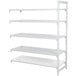 A white metal Camshelving unit with 4 vented and 1 solid shelves.