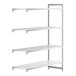 A white rectangular Cambro Camshelving® add-on unit with 3 vented shelves and 1 solid shelf.