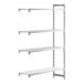 A white rectangular Cambro Camshelving unit with three white vented shelves and one white solid shelf.