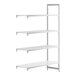 A white rectangular Cambro Camshelving® add-on unit with 3 vented shelves and 1 solid shelf.
