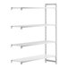 A white rectangular Cambro Camshelving Premium add-on unit with 3 vented shelves and 1 solid shelf.