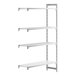 A white rectangular plastic shelf with three vented shelves and one solid shelf.