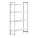 A white plastic Cambro Camshelving® Premium stationary starter unit with 3 vented shelves and 1 solid shelf.