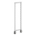 A tall, narrow metal shelving post kit with two wheels at the base, designed for mobile shelving systems.