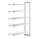 A white rectangular Cambro Camshelving® add-on unit with 4 vented shelves and 1 solid shelf.