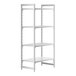 A white plastic Cambro shelving unit with 3 vented shelves and 1 solid shelf.
