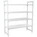 A white metal Cambro Camshelving® Premium stationary unit with 3 vented shelves and 1 solid shelf.