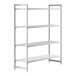 A white metal Cambro Camshelving® stationary starter unit with 3 vented shelves and 1 solid shelf.