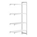 A white plastic shelf with three vented shelves and one solid shelf.