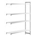 A white rectangular Cambro Camshelving Premium add-on unit with 3 vented shelves and 1 solid shelf.