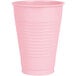 A close up of a pink plastic cup on a white background.