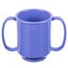 A peacock blue plastic cup with two handles.