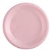 A close-up of a pink Creative Converting plastic plate with a white border.