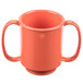 A case of 24 orange Tritan plastic two handle mugs.