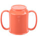 A close-up of a GET Rio Orange plastic mug with two handles.