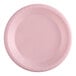 A close-up of a pink plastic plate with a white border.