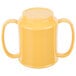 A yellow Tritan plastic mug with two handles.