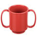 A red GET Tritan plastic mug with two handles.