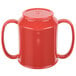 A red GET Tritan plastic mug with two handles.