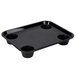 A black polypropylene fast food tray with four compartments.