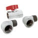 The T&S Safe-T-Link gas appliance connector installation kit with two metal valves with red handles.