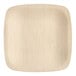 A close-up of a square wooden Bambu Veneerware plate.
