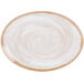 A white melamine platter with a swirl pattern on the rim.