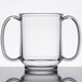 A clear Tritan plastic mug with two handles.