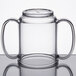 A clear Tritan plastic mug with two handles.