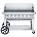 A Crown Verity stainless steel grill with wheels.