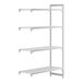 A white plastic shelf with four shelves.