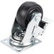 A metal plate caster with a black swivel wheel.