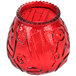 A red glass vase with a pattern filled with Sterno Venetian candles.