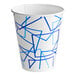 A white Choice paper cold cup with blue geometric designs.